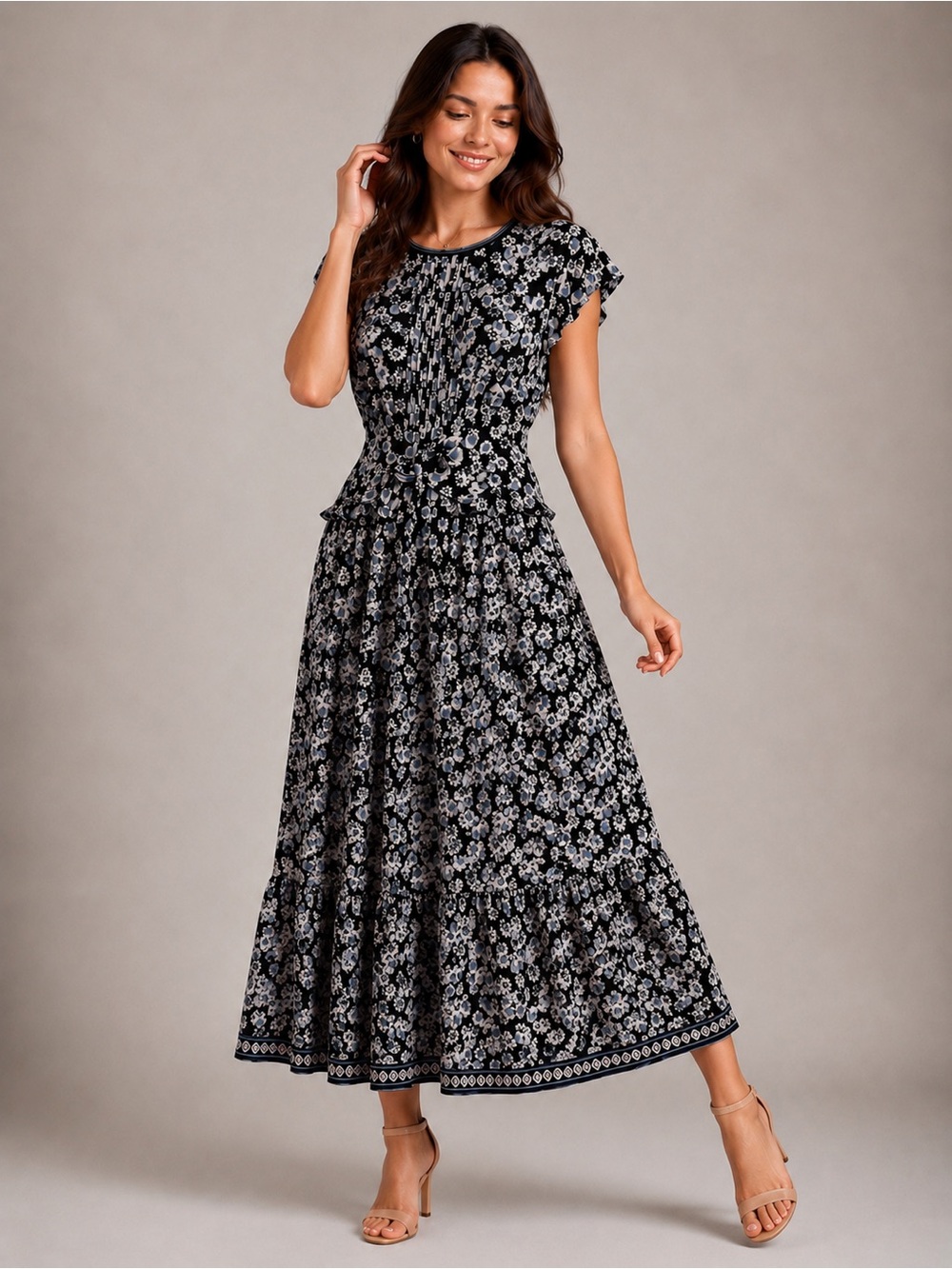 Max Studio Floral Maxi Dress XL Black Blue Ruffle Short Sleeves Smocked Waist